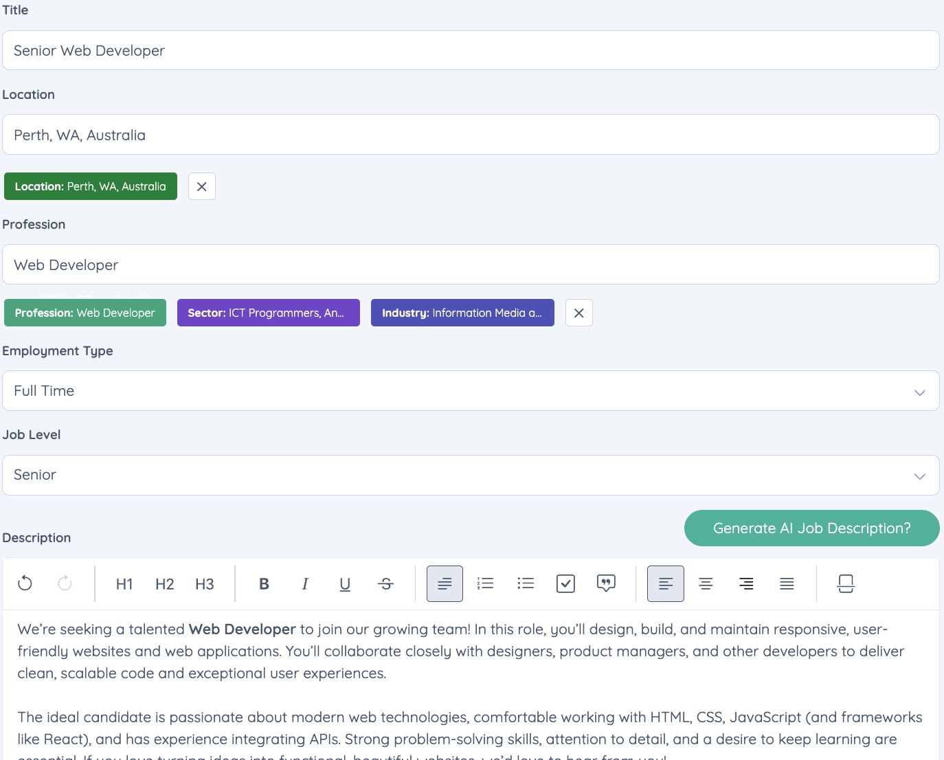 Preview of the form to create jobs within the app